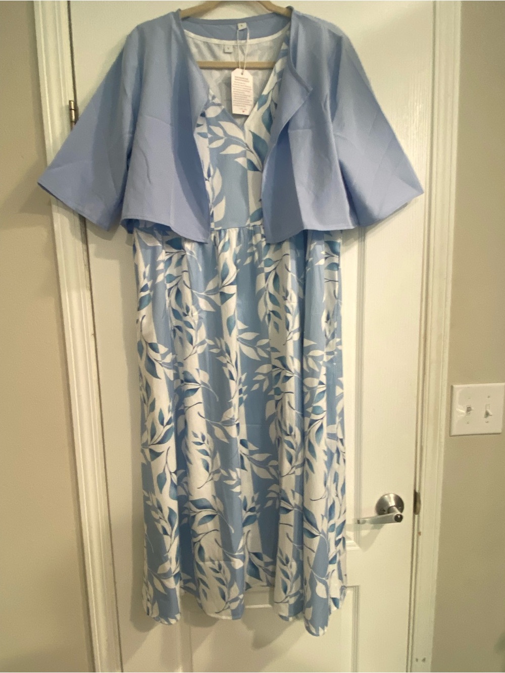 Light Blue Floral Midi Dress with Matching Capelet